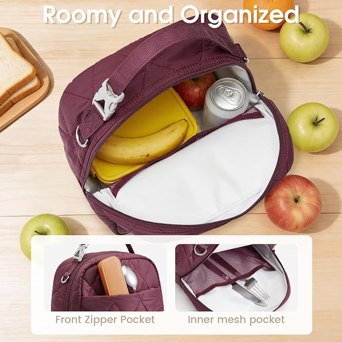 G4Free Large Insulated Lunch Bag, Leakproof Quilted Lunch Box Women Men, Reusable Puffer Lunch Bag For Work Picnic Travel, Dark Red