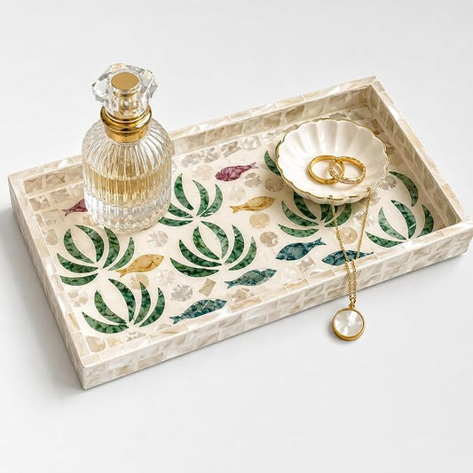 Mother of Pearl Inlay Wooden Tray – Handmade Decorative Rectangle Serving Tray for Coffee Table, Kitchen, Bathroom, Vanity or Living Room Decor,Underwater World