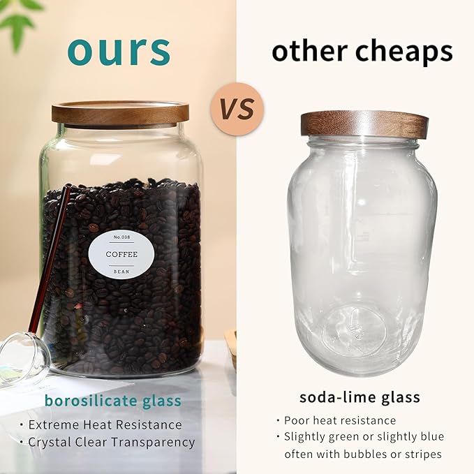 1 Gallon Glass Jars with Wood Lids and glass spoon, Sealable Waterproof, Borosilicate Large Tall Glass Sugar Flour Storage Container Jar Set for Candy, Cereal - 2 Pack (1 Gallon - 2 pack)