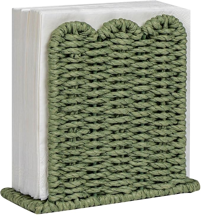 CubesLand Scalloped Edge Napkin Holder for Table Home Rustic Room Decor, Standing Paper Rope Napkin Dispenser for Kitchen Dining Hotel, Cocktail Napkin Holder for Indoor & Outdoor Party, Green