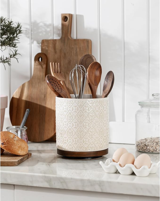 Kitchen Utensil Holder, 360° Rotating Extra Large Ceramic Utensil Holder with Embossed Pattern, 7.3” Cooking Utensil Crocks for Kitchen Countertop, Home Decor, Off-White
