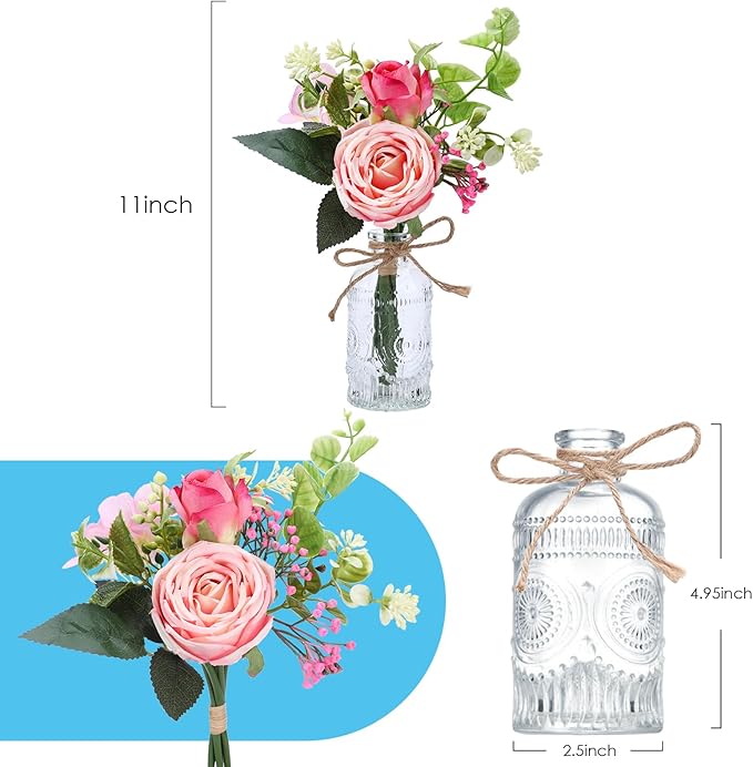 AFRITEE Flowers Bouquet in Small Vase - Pink Rose Artificial Fake Centerpiece Potted Flowers with Transparent Vase Set for House Dining Room Farmhouse Coffee Wedding Table