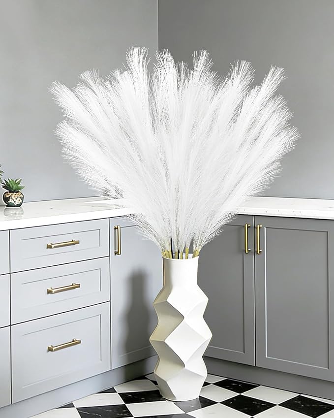 TORONTOKYO 8Pcs White Faux Pampas Grass Tall Decor, 35.4” Fluffy Artificial Pompous Grass Branches, Large Pampas Grass Reed Stems for Floor Vase Filler, Wedding, Baby Shower, Home Boho Decor