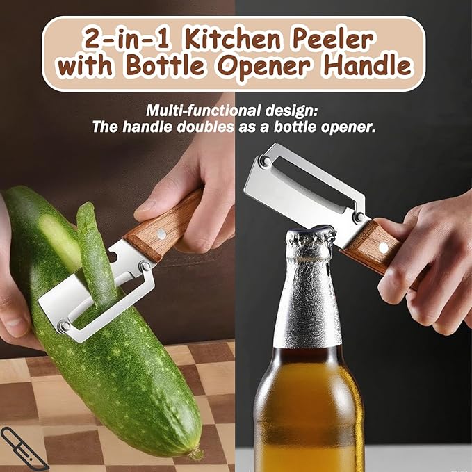 Premium Vegetable Peeler with Wooden Handle and Bottle Opener, Multi Functional Vegetable Peeler for Kitchen, Stainless Steel Blade Kitchen Tool for Vegetables or Fruits That Need to Be Peeled(1PCS)