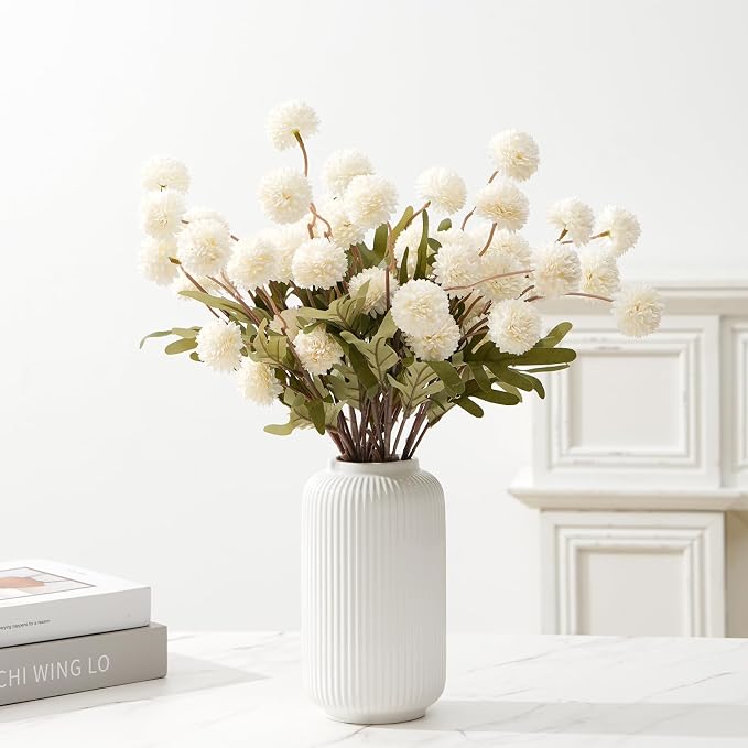 trytuny Fake Fall Flowers for Vase, Faux Silk Kiku Mums, Artificial Pom pom Floral Bouquets Indoor Centerpiece Office Coffee Table Boho Home Decorations (9, White)