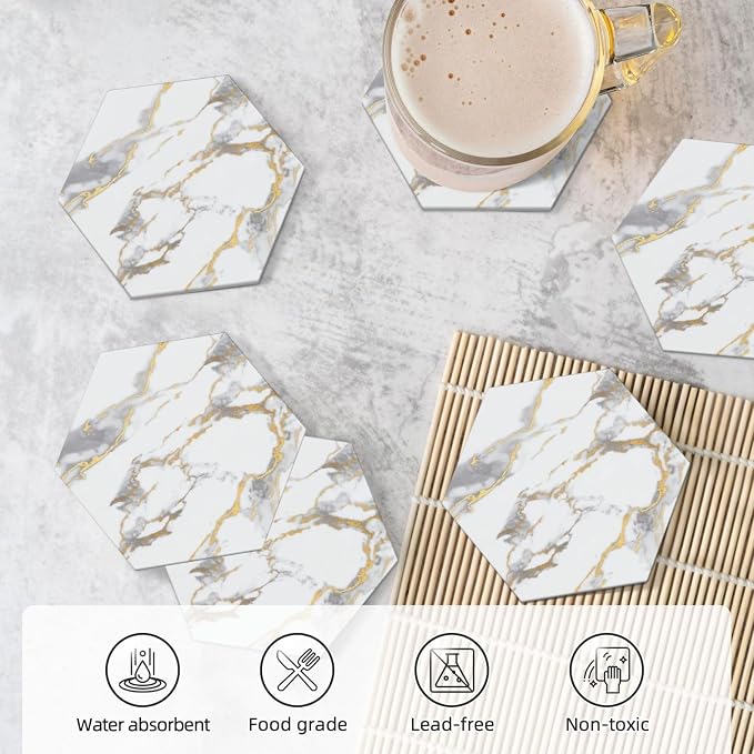 White Gold Marble Set of 6 Drinks Ceramic Coasters with Holder Funny Absorbent Cup Coasters with Cork Desk Table Protection Coffee Table Decor