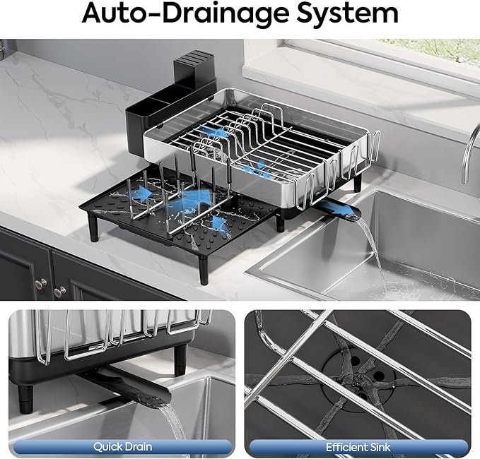 Urackify Dish Drying Rack for Kitchen Counter - Stainless Steel Dish Drainer with Drain Board, Removable Utensil Holder, Rust-Proof Plate, Non-Slip Feet, Large Capacity for 10 Plates 6 Bowls 4 Cups
