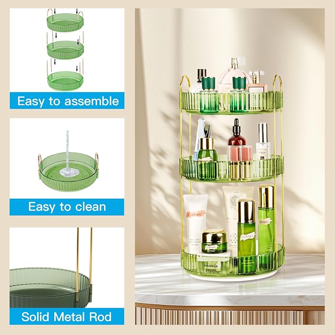 360 Rotating Makeup Organizer - Large Capacity Spinning Perfume & Cosmetic Skincare Holder for Vanity & Countertop (Gem Green, 3 Tier)
