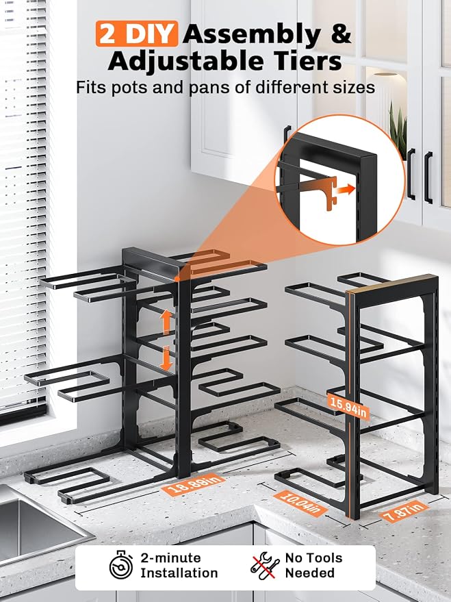 MUDEELA 8-Tier Heavy Duty Adjustable Pots and Pans Organizer and 10 Expandable Pans Organizer Rack for under Cabinet Bundle