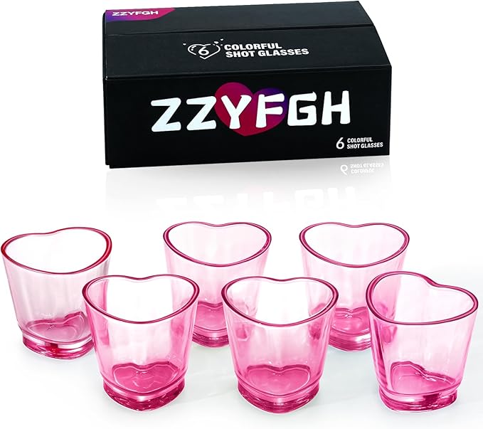 ZZYFGH 6 Pack Pink Shot Glasses Set, Heart Shaped Shot Glasses Set 1.5 oz Shot Glass with Heavy Base, Shot Glasses for Whiskey, Tequila, Vodka, Spirits & Liquors, Mother's Day Decor