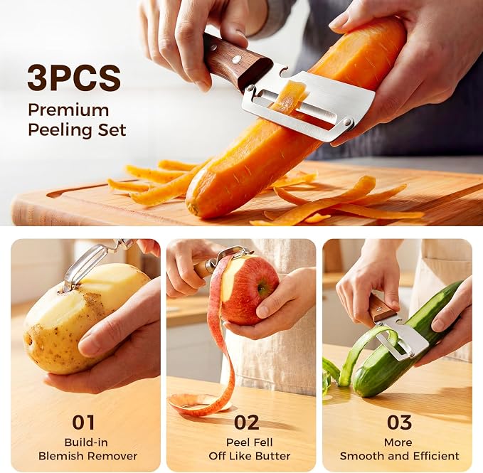 3-Pack Multi-Functional Vegetable Peeler for Kitchen, Ultra Sharp Stainless Steel Fruit & Potato Peelers with Ergonomic Wood Handle for Apple, Carrot, Cucumber, Pumpkin & Everyday Cooking