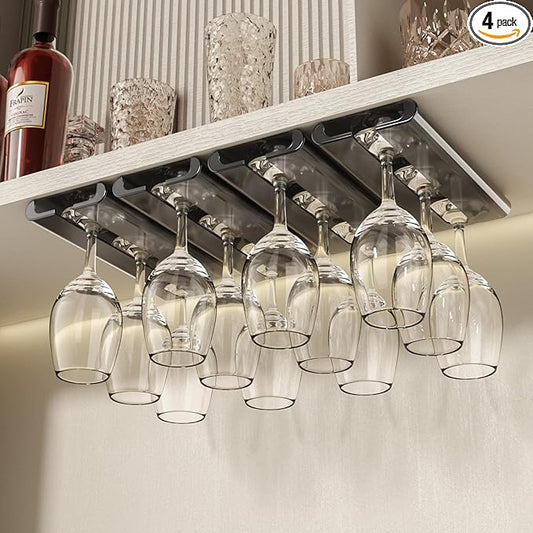 4Pack Wine Glass Holder - Under Cabinet, No Drilling Installation, Stemware Rack, Grey
