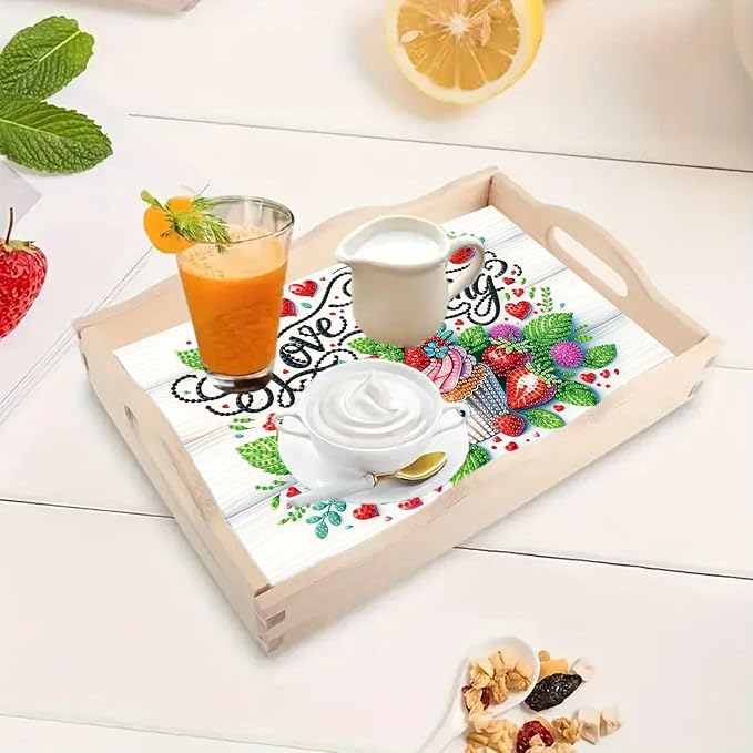 BAYUNOE DIY Diamond Serving Tray Rectangular Wooden Breakfast Tray with Handle Handmade Diamond Art Painting Spring Creative Dinner Plate Coffee Room Living Home Organizer-Cupcake