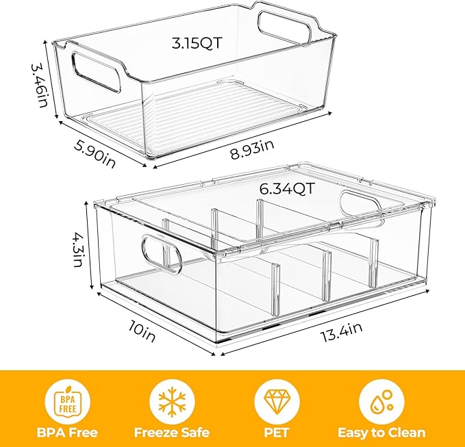 Refrigerator Organizer Bins with Pull-out Drawer 6 Pack Stackable Clear Fridge Drawer Organizer Fruit Vegetable Storage Containers for Kitchen Pantry Organization (2 Large+4 Medium)