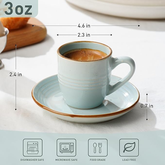 famiware Jupiter Espresso Cups and Saucers Set of 4, 3 oz Ceramic Small Coffee Mug with Handle, Spiral Stoneware Demitasse Cup for Tea, Latte, Cafe - Microwave & Dishwasher Safe, Light Blue