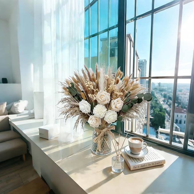 Indoor Artificial Dried Flowers with Vase for Table Top Decor,Natural Dried Pampas Grass Bouquet Faux Flowers in Vase for Wedding,Home,Kitchen,Rustic Decoration (Natural Champagne)