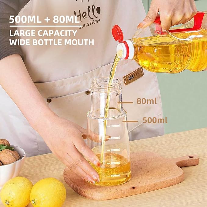 Ankou Olive Oil Dispenser Bottle-20oz 580ml Auto Flip Lid Glass Oil Bottle, Vinegar Condiment Storage Container with Scale, High Borosilicate Glass, Non-Drip Spout, Leakproof, for Kitchen Cooking