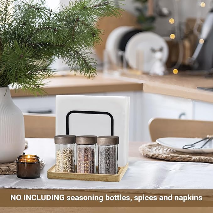 Mkono Napkin Holder for Table Farmhouse Black Wooden Napkin Dispenser Rustic Paper Napkin Storage for Kitchen Dining Room Coffee Bar (Salt and Pepper Shakers not Included) (Nature)