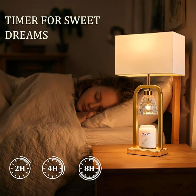 PoKat Gold Table Lamp Candle Warmer, Candle Warmer Lamp with Timer Dimmer, Wax Light Warming Table Lamp for Jar Candles, Modern Bedside Lamp for House Warming Home Decor Living Room, Bulb Included