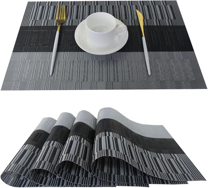 Placemats for Dining Table Set of 4 Plastic Washable Table Mats Easy to Clean PVC Placemat (Black)