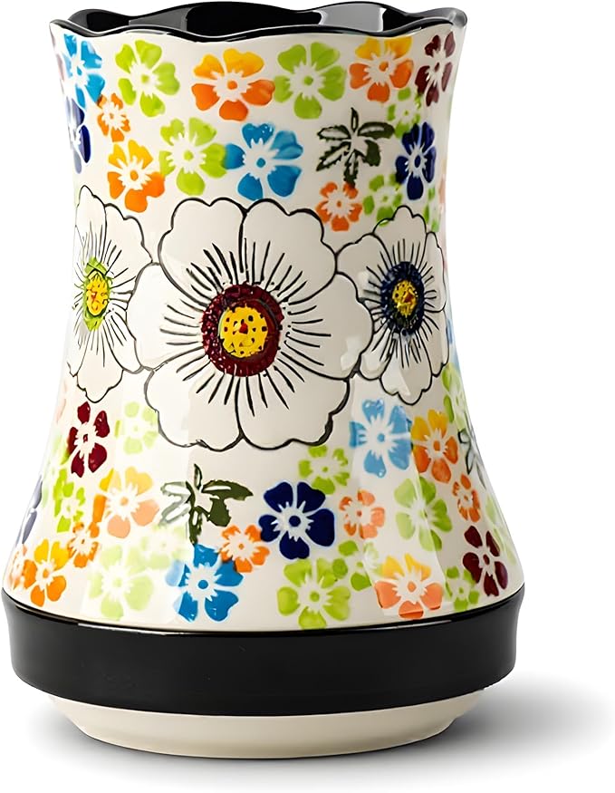 Utensil Holder for Kitchen Counter, Large Ceramic Utensil Holder Crock with Drain Tray, Hand-Painted Floral Rustic Farmhouse Kitchen Crock, Perfect for Women, Christmas, Hostess Gifts & Fall Decor