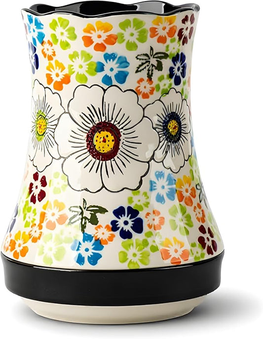Utensil Holder for Kitchen Counter, Large Ceramic Utensil Holder Crock with Drain Tray, Hand-Painted Floral Rustic Farmhouse Kitchen Crock, Perfect for Women, Christmas, Hostess Gifts & Fall Decor