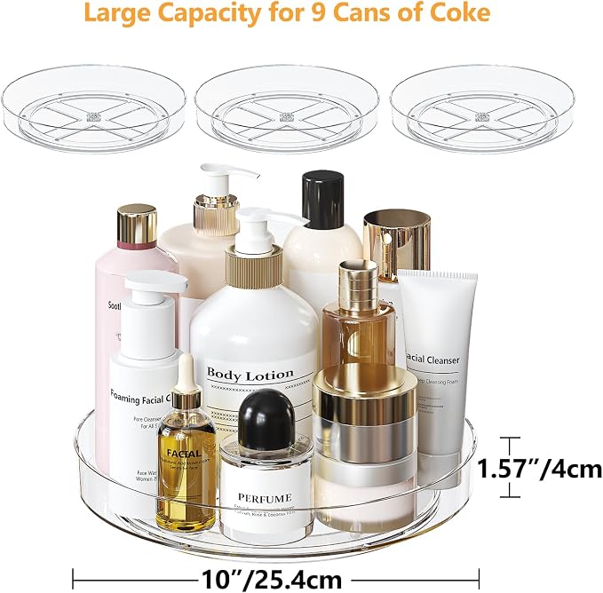 4 Pack 10 Inch Clear Lazy Susan Turntable Organizer for Cabinet, Non-Slip Acrylic Rotating Tray with Raised Edge, Spinning Spice Rack for Kitchen Pantry, Refrigerator, Vanity, Bathroom