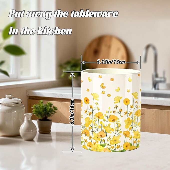 Yellow Flowers Utensil Holder, Ceramic Kitchen Utensil Holder, Utensil Crock for Home Kitchen Countertop Storage Organizer Container, Large Holder for Spatulas, Spoons, Kitchen Counter Decor, 6"