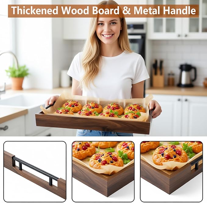 Acacia Wood Serving Tray, 17x13in Ottoman Tray with Metal Handles, Decorative Tray for Coffee Table, Rustic Wooden Breakfast & Drink Tray for Breakfast, Dinner & Bar, Storage Tray for Kitchen