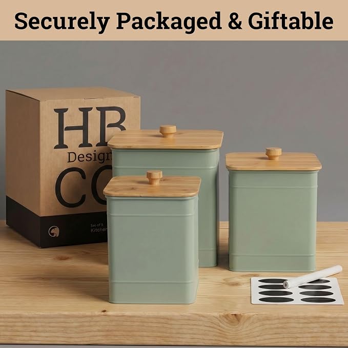 Kitchen Canisters for Countertop Set of 3 with Customizable Chalkboard Labels & Marker Pen - Big Iron Kitchen Canisters with Airtight Lids - Sage Green Canister Set - Flour and Sugar Containers