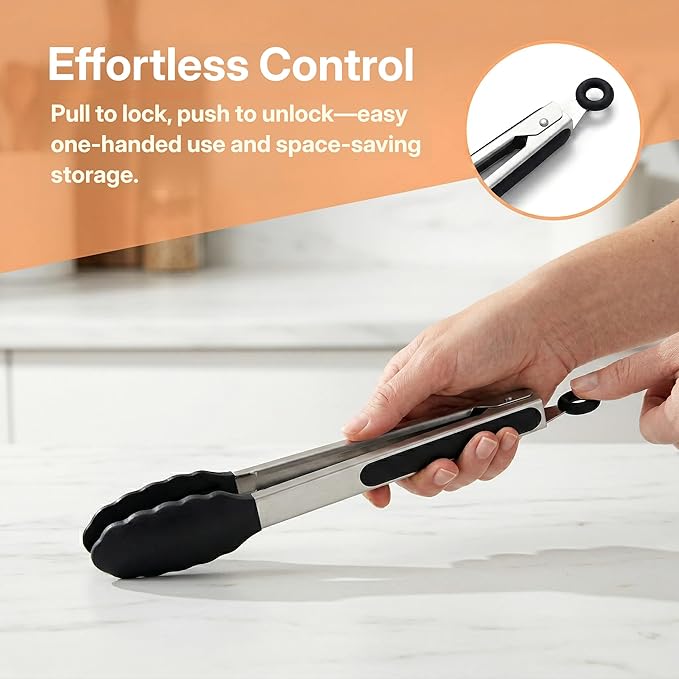 2 Pack Black Kitchen Tongs, Stainless Steel Heat Resistant Food Tongs for Cooking, Non Scratch Silicone Tip for Pans, Strong Grip, Grab Food, Toss Salad, 9 + 12 Inch, Black