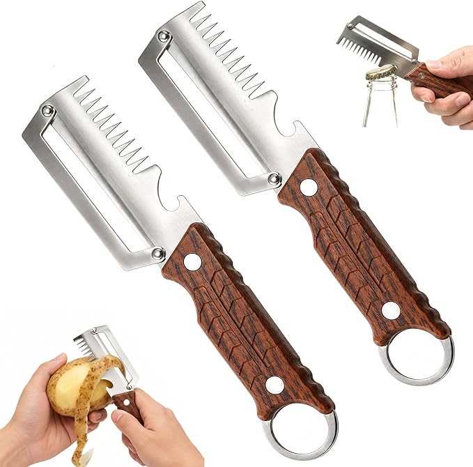 2Pack 3-in-1 Vegetable Peeler with Faux Wood Handle, Stainless Steel Julienne Peeler & Scallion Shredder with Built-In Bottle Opener, Kitchen Peeler for Potato, Carrot, Cucumber, Apple & Fruits