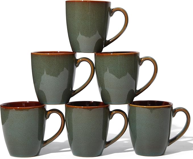Pokini Coffee Mug 14 oz, Ceramic Coffee Mugs Set of 6, Reactive Glaze Mug for Latte/Tea/Cappuccino, Large Stackable Mug Set for Men, Women, Dad, Mom, Dishwasher & Microwave Safe, Brown Green