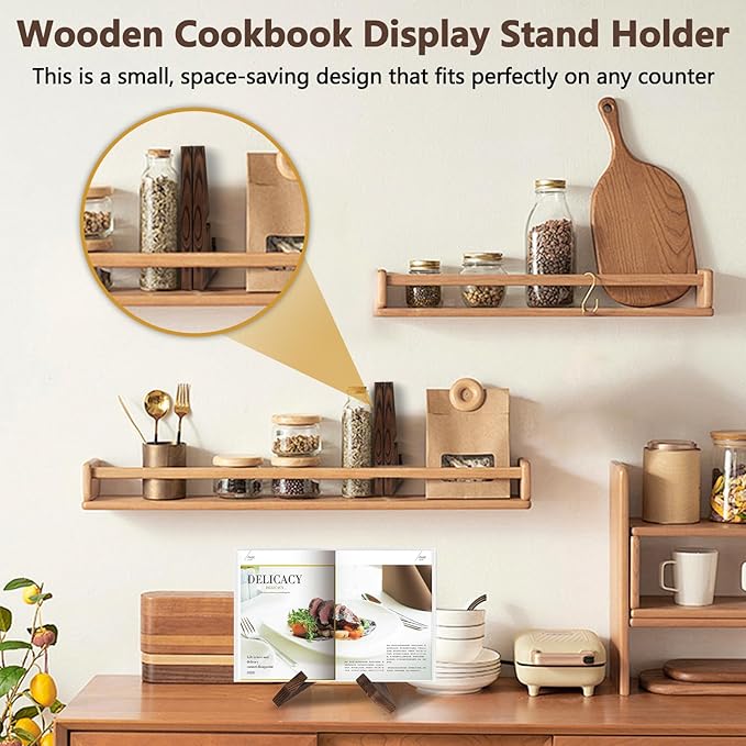 Cookbook Stand for Kitchen Counter, Wooden Rustic Book Stand, Rustic Recipe Book Holder, Cook Book Holder Stand with Natural Wooden