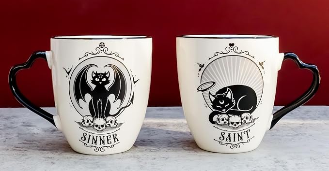Ebros Gift Set Of 2 Gothic Wicca Saint Or Sinner Feline Cats Witching Hour Double Walled Bone China Porcelain Coffee Mugs Tea Drink Cups Alchemy Magic Occult Serveware Drinkware
