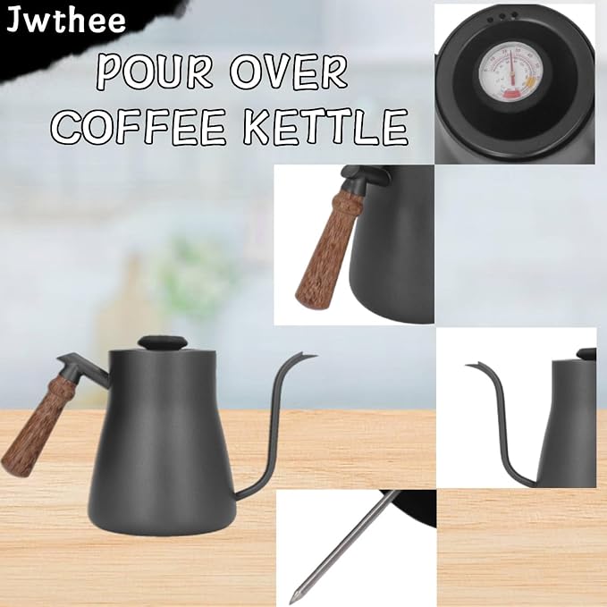 Pour over Coffee Kettle with Thermometer, 850ml Goose Neck Kettle Pot Induction Kettle Stovetop Stainless Steel Gooseneck Kettle with Wood Handle