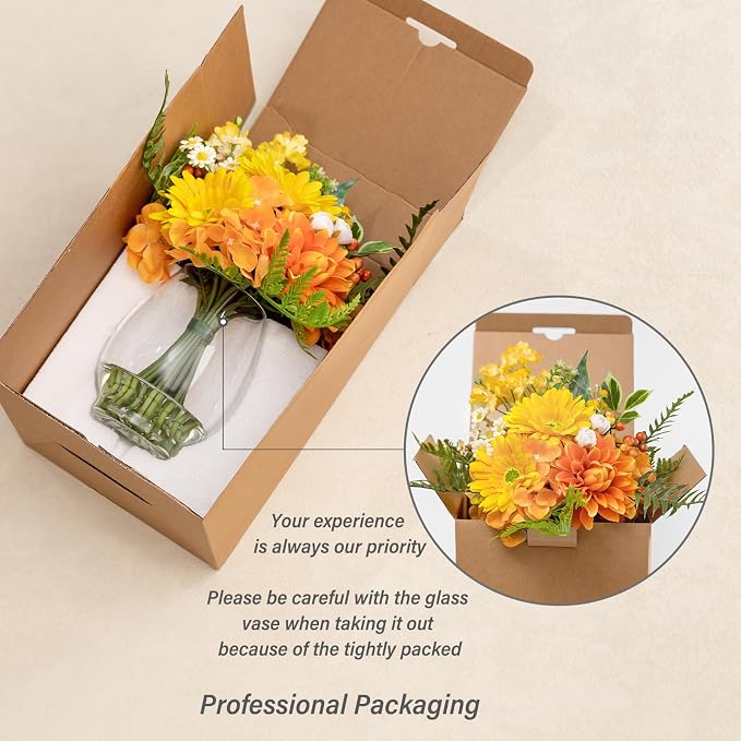 Artificial Flowers in Vase with Fake Water, Faux Silk Dahlia & Gerbera Daisy Flower Arrangements for Spring & Summer Home Wedding Birthday Wedding Party Dining Table Decor & Gift (Yellow & Orange)