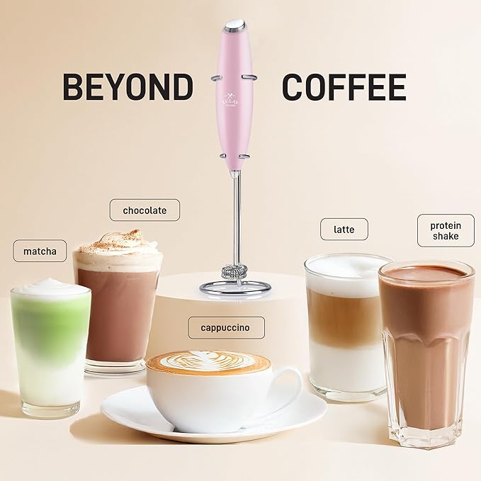 Zulay Kitchen Powerful Double Whisk Milk Frother Handheld - Foam Maker With Stand - Whisk Drink Mixer for Coffee, Mini Foamer for Latte, Matcha, Frappe, Hot Chocolate & Cappuccino - Magnetic Pink