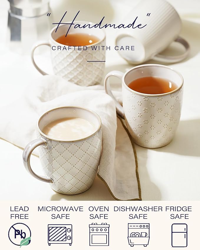 getstar Ceramic Coffee Mugs 12oz Set of 4, Pottery Coffee Tea Cup Set for Kitchen with Texture Patterns for Coffee, Tea, Hot Cocoa, Milk, Microwave and Dishwasher Safe
