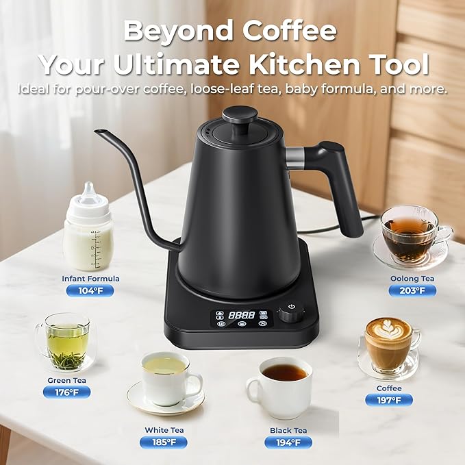 Gooseneck Electric Kettle, ±1°F Temperature Control Electric Kettle, 1.0L 1200W Fast Heating, 24H Keep Warm, 30Min Auto Memory, Food Grade Stainless Steel, Pour Over Kettle for Coffee and Tea