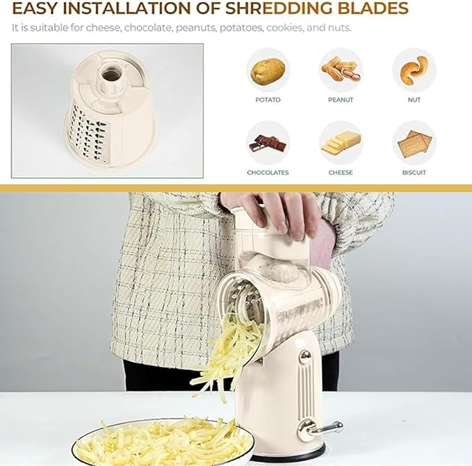 Rotary Cheese Grater with Strong Suction Base, 5-in-1 Hand Crank Vegetable Slicer & Shredder, Stainless Steel Blades for Cheese Nuts Fruits, Food Chopper with Storage Box