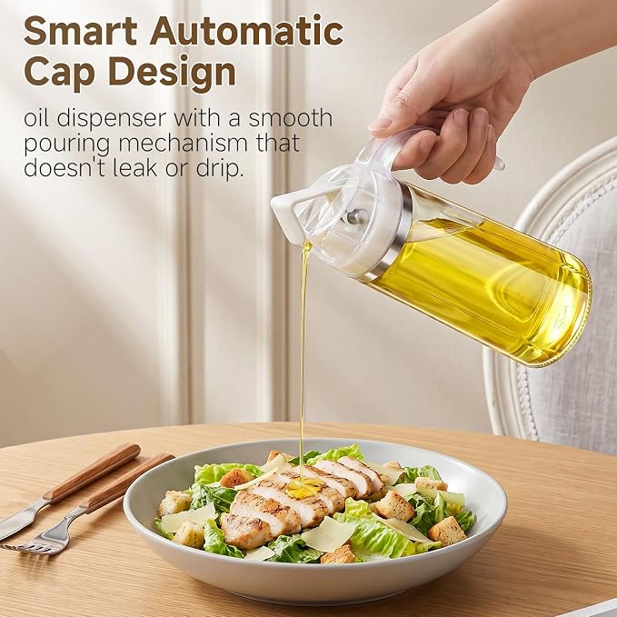 Marbrasse Oil Dispenser for Kitchen,20 OZ /600ml Leakproof Glass Oil Bottle with Auto Flip Cap,Olive Oil Container for Kitchen Cooking (White)