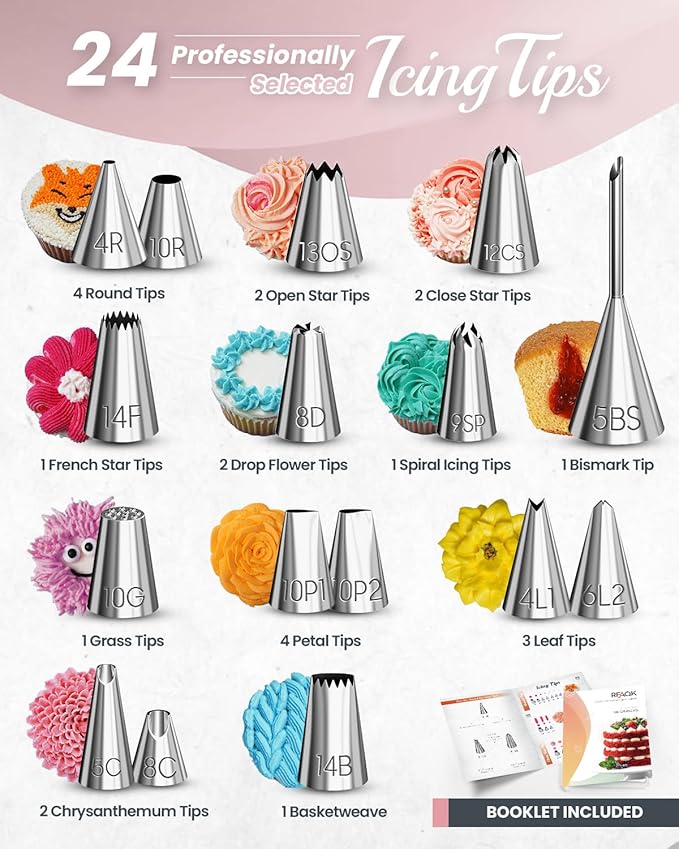 RFAQK 90PCs Cake Decorating Kit with Leveler, Baking Supplies Gift Includes Cake Stand Turntable, 24 Numbered Icing Tips, 55+1 Piping Bags, 2 Frosting Spatulas, 3 Scrappers, Video Course & Booklet