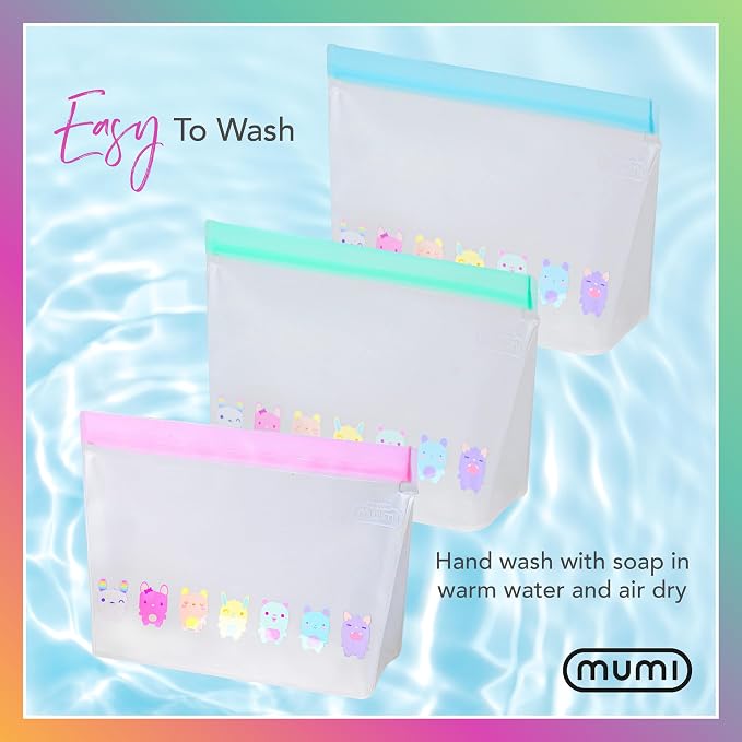 MUMI Piccolo Reusable Zip Up Bags – Set of 3 Silicone Ziplock Bags | Reusable Ziploc for Food Storage, Freezer, & Snacks | BPA-Free Airtight Silicone Storage for Travel & Meal Prep - Mint