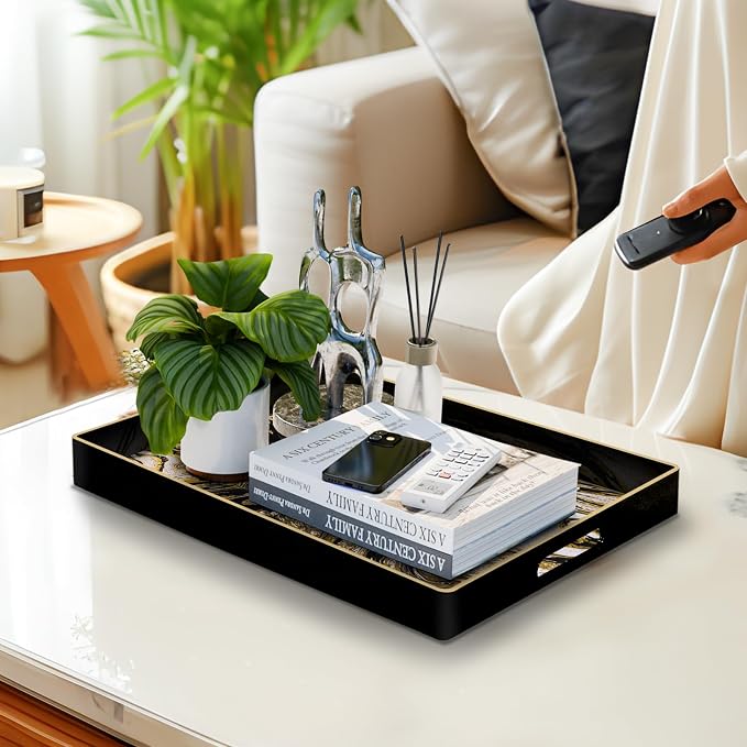 MAONAME Black Decorative Tray with Handles, Plastic Serving Tray for Coffee Table, Marbling Rectangular Trays for Ottoman, Bathroom, Storage, 15.7" Lx 10.2" W X 1.57" H