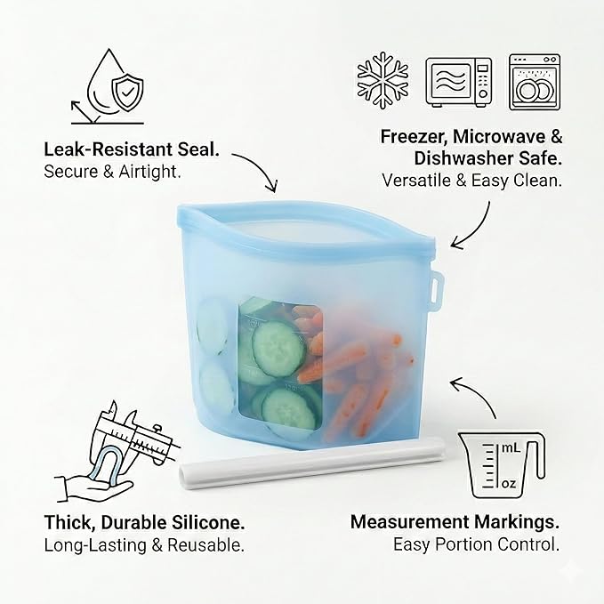 Zyra Reusable Silicone Food Storage Bag Set – 3 Sizes (500ml, 1000ml, 1500ml) – Leakproof, Foldable, Microwave & Freezer Safe, BPA-Free, Dishwasher Safe, Eco-Friendly Meal Prep. (Tranquility Blue)
