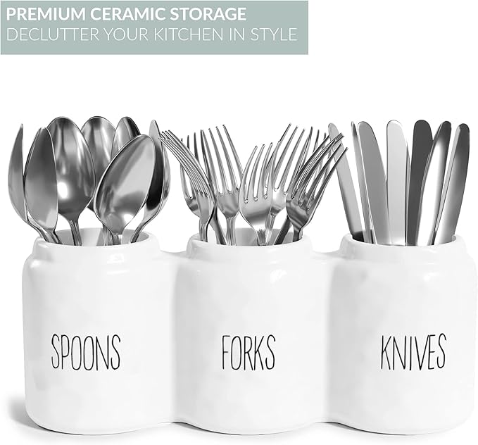 Barnyard Designs Silverware Caddy for Countertop - Cutlery Organizer for Spoon, Fork, and Knife - Ceramic Utensil Holder for Flatware or Plasticware - Perfect for Parties - 12.5” x 4.25” x 5” (White)