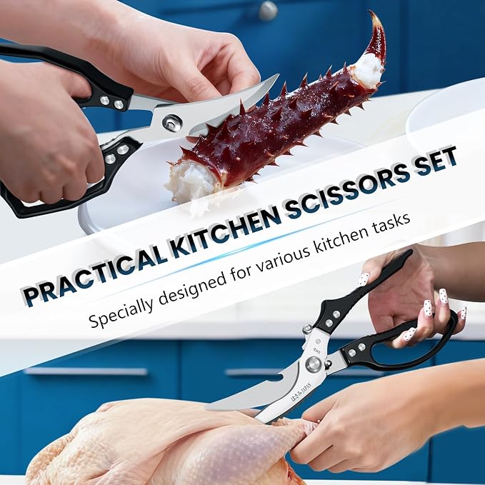 HUUSK Black Kitchen Scissors Set - Heavy Duty Kitchen Shears for Poultry & Sharp Seafood Scissors for Crab, Shrimp, Lobster, Nuts - Christmas Gift for Men and Women