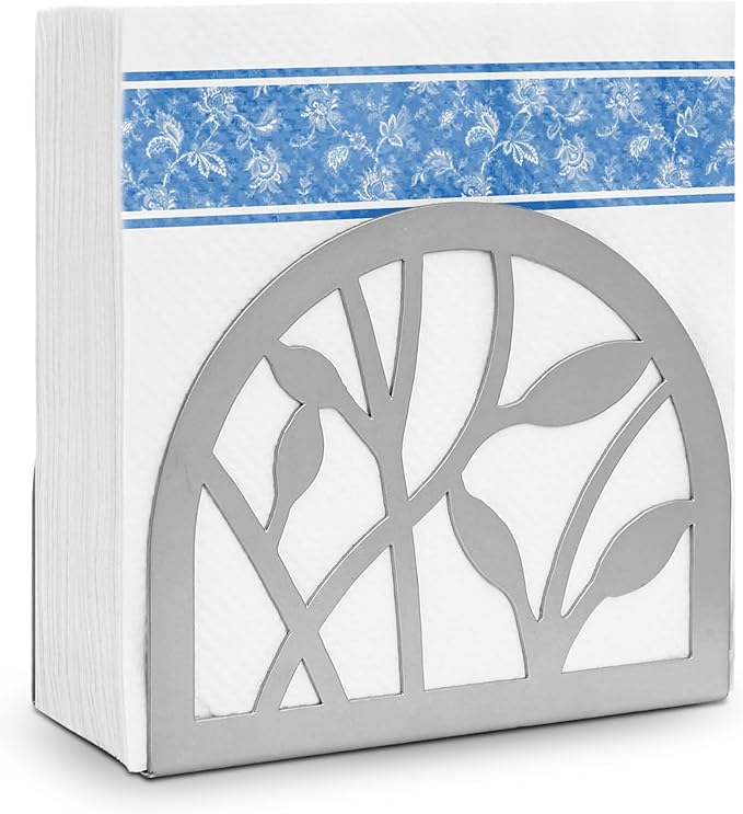 Napkin Holder for Table | Upright Napkin Stand with Decorative Leaf & Branch Design, Modern Metal Napkin Holder for Kitchen, Dining, Café, Office | Rust-Resistant Silver Finish