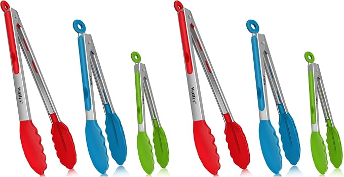Walfos Silicone Tongs for Cooking - Heat Resistant kitchen tongs for Salad,Cooking, Grilling,Stainless Steel and BPA Free Silicone Tips set of 3 (7" 9" and 12 inch) (Pack of 2)